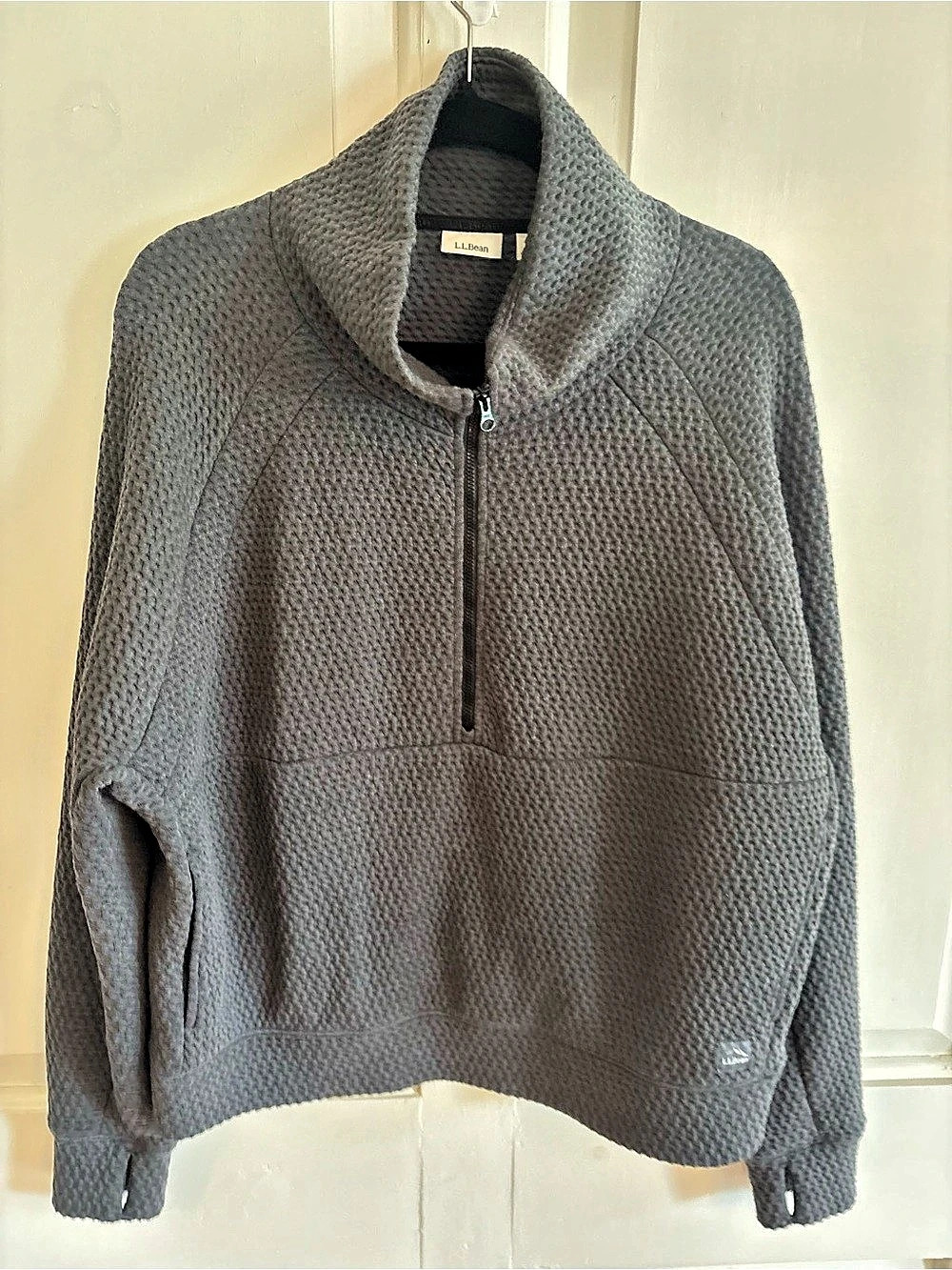 L.L.Bean Womens Large Gray Textured Quarter Zip Pullover Sweatshirt Thumbholes
